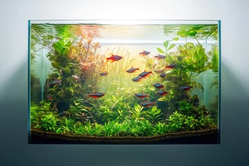 A planted aquarium showcases a school of vibrant Cardinal Tetras swimming amidst lush greenery.