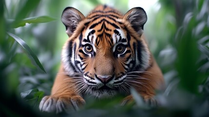 Fototapeta premium Jungle Tiger Prowling Through the Greenery. Generative AI