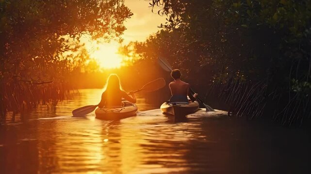 Kayakers paddle through peaceful mangrove forest at golden sunset