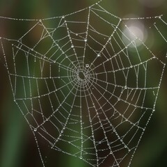 Intricate spider web with dew drops against a blurred natural background