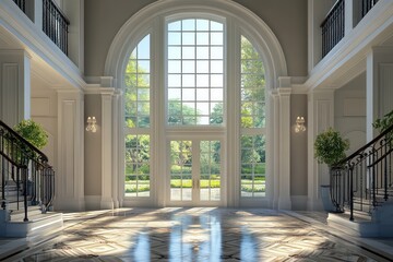 A grand entryway filled with natural light from a large arched window, highlighting intricate floor patterns