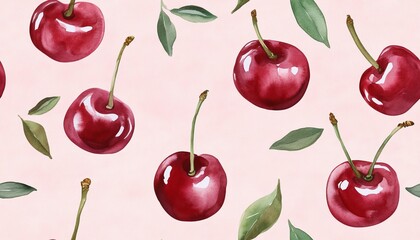 seamless repeating pattern of watercolor red cherries, cherry fruit.
