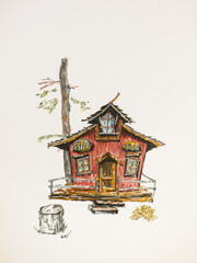Watercolor hand painted rural wooden house.