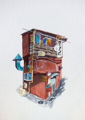 Sketch of Watercolor of Japanese House Facade.