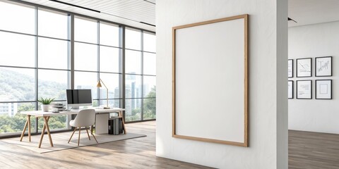 Modern office workspace with large blank canvas and scenic window view