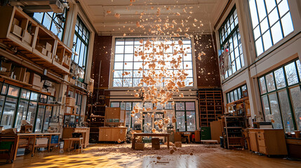 Wood shavings explode in a sunny workshop; craft, artistry, education