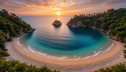 Sunrise over secluded crescent beach, turquoise water, lush greenery.