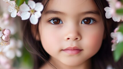 Naklejka premium A young girl with brown eyes and a pink flower behind her. She is smiling and looking at the camera