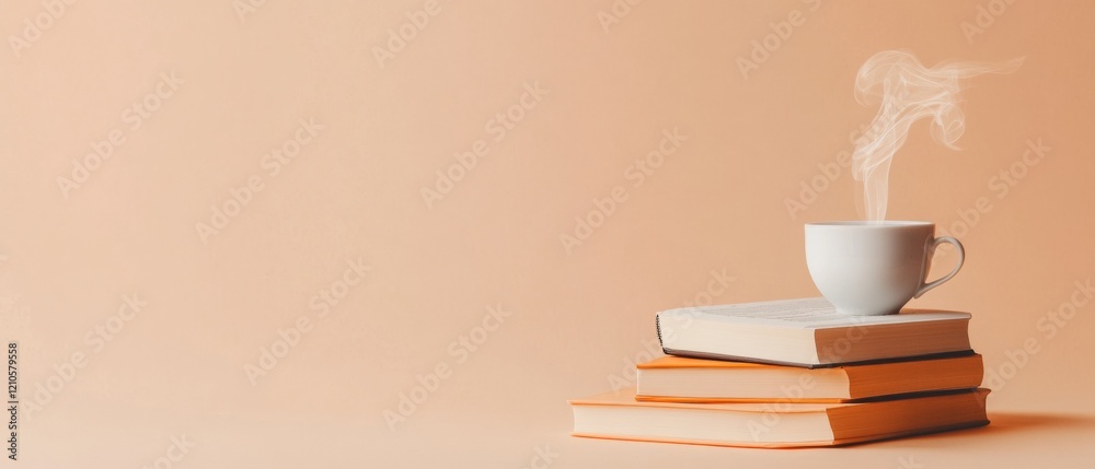 Poster Minimalist Workspace Aesthetic Open Book and Steaming Tea on Pastel Backdrop - Enhancing Writing Precision and Digital Content Creation for Modern Offices
