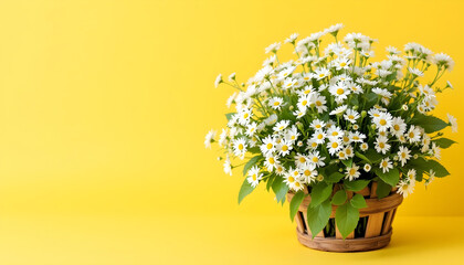 Flores blancas en cesta de madera sobre fondo amarillo primaveral 