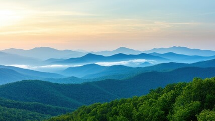 Naklejka premium Mindful living with wellness and consciousness concept. Serene mountain landscape under soft morning light.