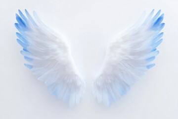Obraz premium Delicate angel wings with blue tips against a soft white background create an ethereal and serene presence in this serene setting