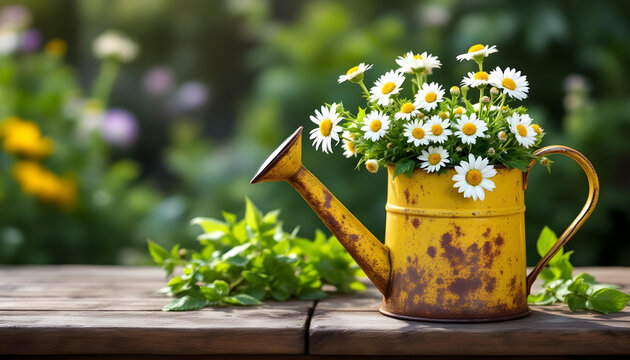 Flores hermosas de la primavera en regadera vieja y amarilla. Fondo de jard&iacute;n