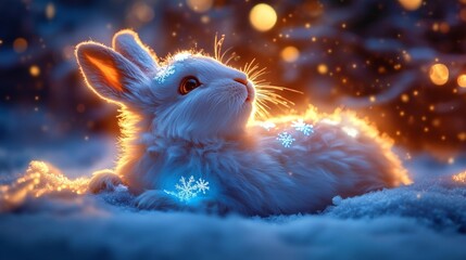 Obraz premium Winter Magic: Glowing Blue Hare with Snowflakes. Generative AI