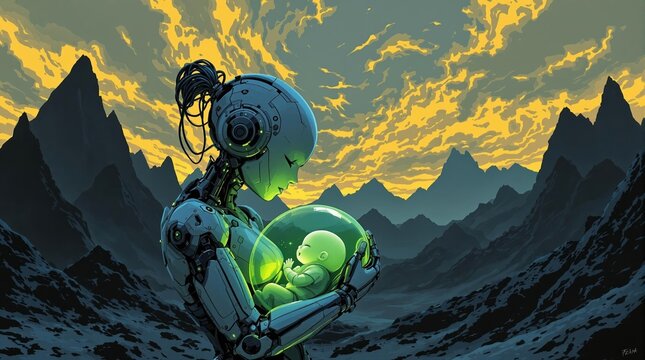Futuristic robot gently cradling infant in alien landscape for sci-fi concept art