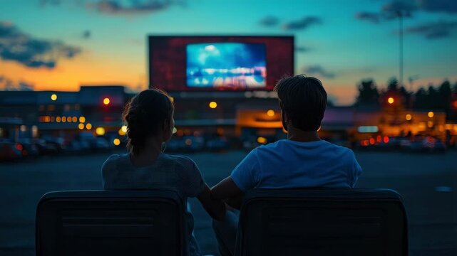 Cozy drivein movie night with couples under a starry sky and city lights