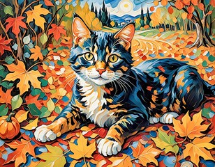 Playful Cat in Autumn Leaves