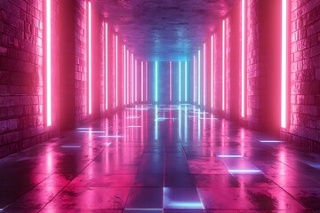 Vibrant neon lights illuminate an abstract corridor with glossy tiles. Generative AI