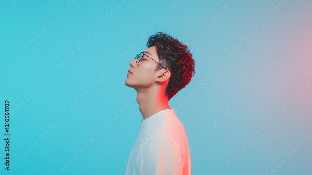 Aufkleber neon-futuristic tech coding young asian male developer in profile against vibrant blue gradient - in