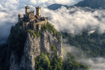 A medieval castle perched atop a mountain, surrounded by low-hanging clouds and dense forests below