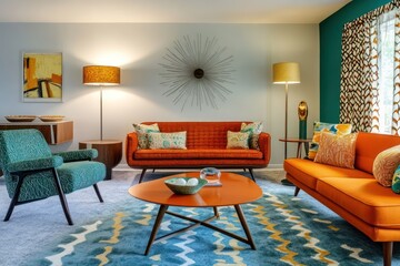 A mid-century modern living room featuring retro furniture, bold patterns, and a vibrant color palette of orange and teal