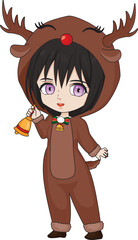 Chibi girl in reindeer costume with bell christmas anime vector