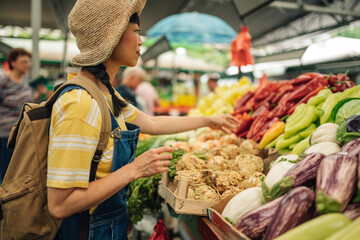 Asian female customer picks vegetables at colorful market stall.