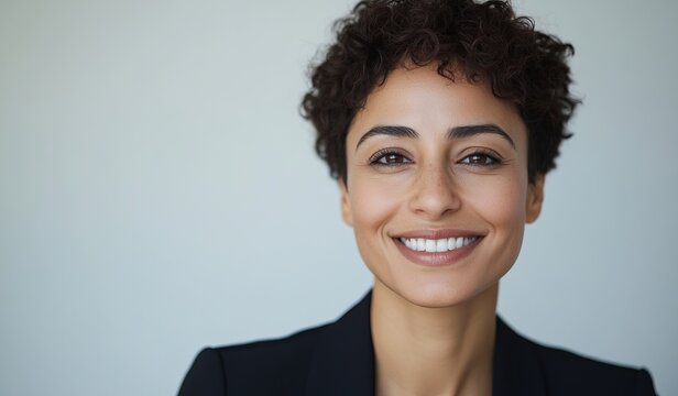 Confident woman with curly hair smiles warmly against a light backdrop in a professional setting, radiating positivity and approachability