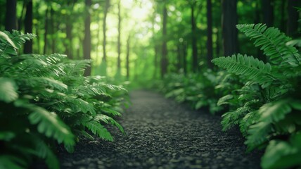Fototapeta premium Mindful living with wellness and consciousness concept. Lush forest path surrounded by vibrant green ferns.