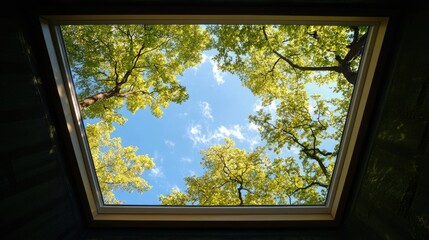 Naklejka premium Skylight Serenity: Bright Roof Windows Embracing Blue Skies Above Verdant Trees
