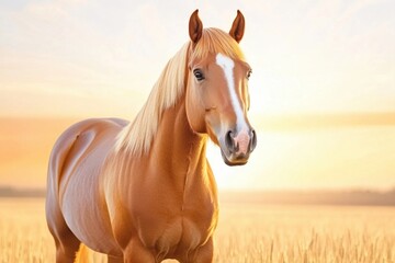 Obraz premium Horse stands gracefully in a golden meadow during a stunning sunset with warm orange tones in the sky