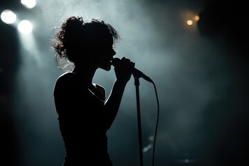 Artistic Silhouette of a Female Vocalist with Microphone Against a Black Concert Background