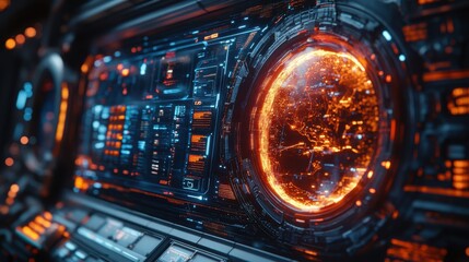 Futuristic Sci Fi Interface Global Network Data Visualization with Orange and Blue HUD