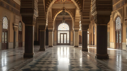 Majestic interior of a historic building featuring Islamic architectural designs : Generative AI