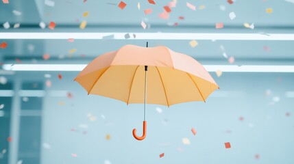 Playful Surrealism in Corporate Spaces Vibrant Ceiling Umbrella Installation with Confetti for Modern Office Ambiance and Creative Event Design