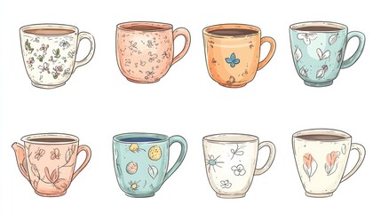 Collection of hand-drawn coffee and tea cups in vibrant colors and whimsical patterns.