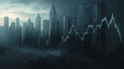 Cityscape at dawn with superimposed stock market graph.