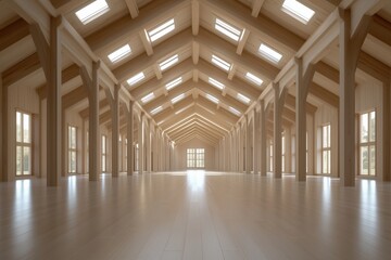Fototapeta premium Interior of a spacious wooden building with high ceilings and natural light streaming through windows. Architectural design and open spaces.