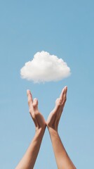 Ethereal Cloudscape Hands Reach Toward Floating Cloud on Azure Sky - Modern Mental Health Imagery for Wellness Campaigns and Mindfulness Programs