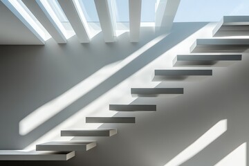 Obraz premium A modern staircase with beams of natural light cascading through a skylight, shadows forming clean lines