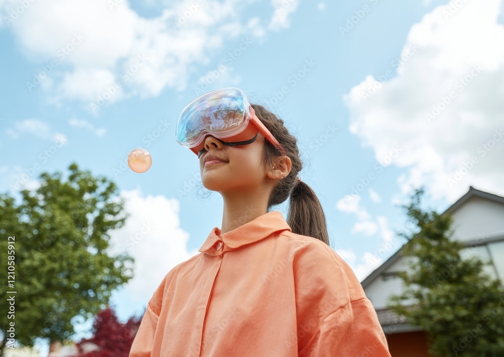 Aufkleber Augmented Reality Experience Child in Vibrant Outdoor Setting with Innovative VR Headset - Interactive Learning and Digital Play for Modern Education and Child Development