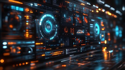 Futuristic digital interface with glowing HUD elements.