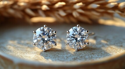 Fototapeta premium Elegant gold stud earrings featuring sparkling clear gemstones on plush display