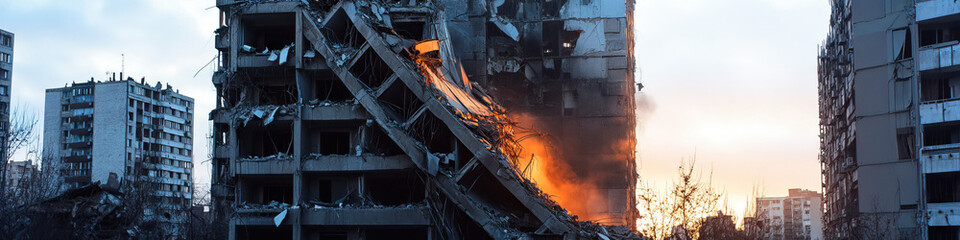 Demolition of a Concrete Residential Building at Sunset