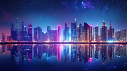 Fototapeta premium Night Cityscape Reflection: A mesmerizing view of illuminated skyscrapers reflecting on a calm body of water under a starry sky.