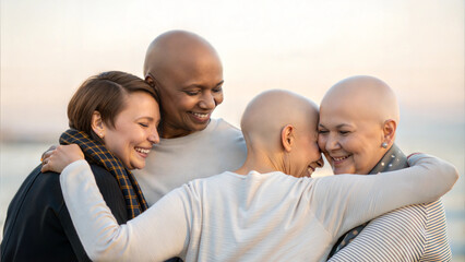 Group of diverse cancer survivors hugging outdoors during emotional support meeting