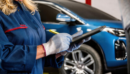 Obraz premium Firefly mechanic working with a digital tablet to log vehicle service results in a busy garage setting