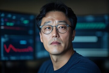 Tech-Driven Financial Analysis South Korean Businessman Analyzing Currency Fluctuations on Digital Monitors in a Modern Office - Economic Strategy and Global Market Insights