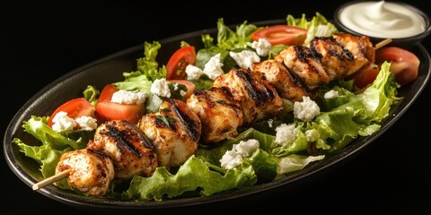 Grilled Chicken Skewers with Salad and Creamy Dip