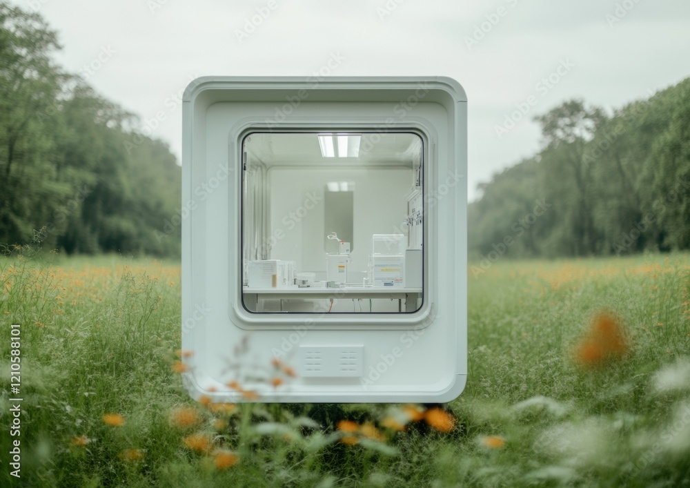 Poster eco-minimalist field research hub compact solar-powered lab in scenic meadow for sustainable science